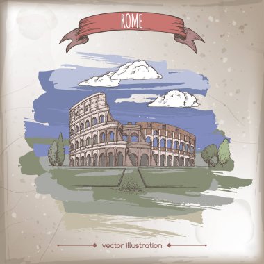 Colosseum aka Kolezyum Roma, İtalya ile Vintage seyahat illüstrasyon renk.