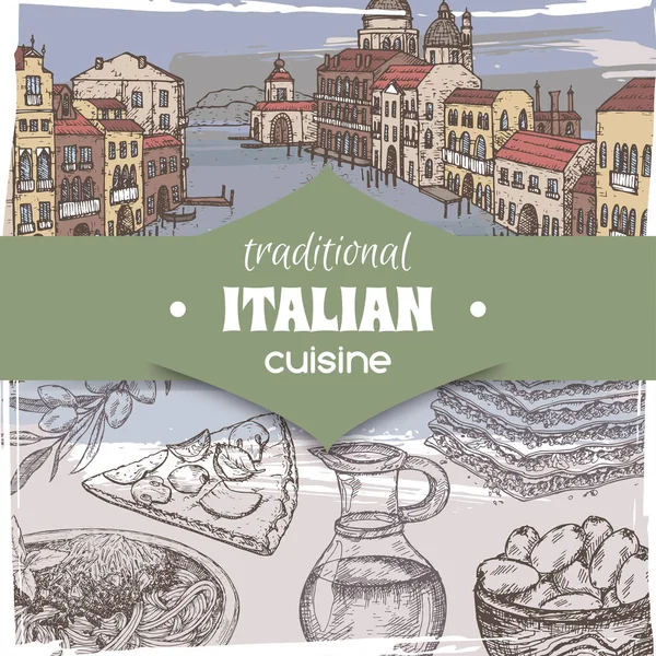 复古模板与彩色威尼斯景观和意大利美食菜肴. — 图库矢量图片