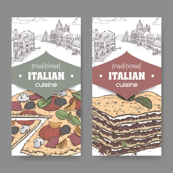 Два цветных баннера с венецианским пейзажем, пицца и лазанья на белом . — стоковый вектор