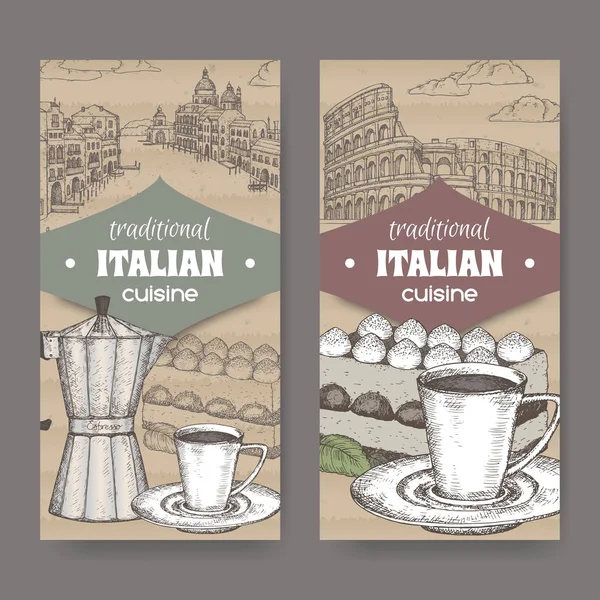 Δύο ετικέτες ιταλική κουζίνα με τοπίο Βενετία και τη Ρώμη, χρώματος επιδόρπιο τιραμισού, φλιτζάνι καφέ και το δοχείο σε χαρτόνι. — Διανυσματικό Αρχείο