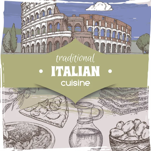 复古模板与颜色罗马风景和意大利菜菜. — 图库矢量图片