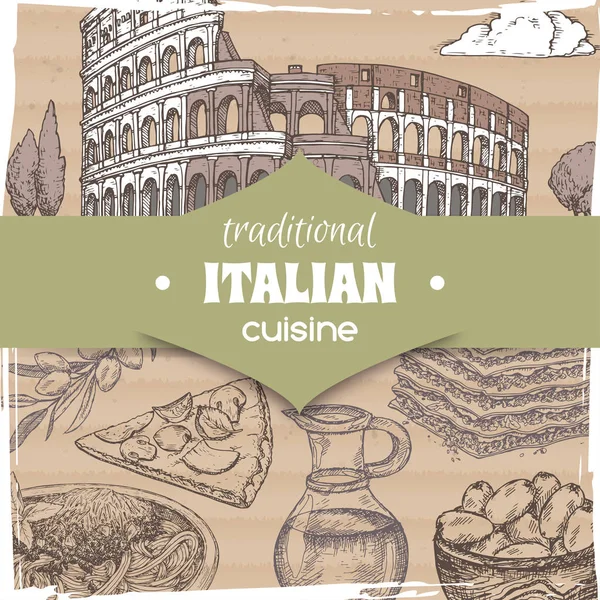 复古模板与罗马风景和意大利美食菜肴. — 图库矢量图片