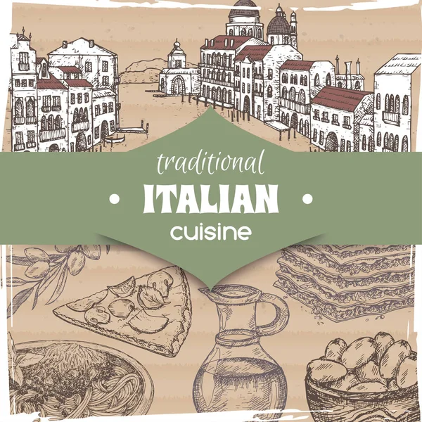 复古模板与威尼斯景观和意大利美食菜肴. — 图库矢量图片