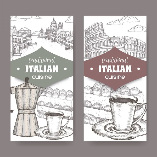 Два підписи італійської кухні з Венецією і Рим краєвид, Десерт Тірамісу Кубок та еспресо кавоварка на білому. — стоковий вектор
