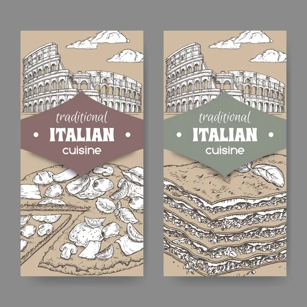 Two vintage banners with Rome landscape, pizza and lasagna on white. — Stock Vector