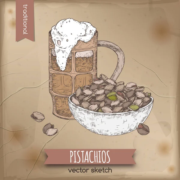 Plantilla de color vintage con taza de cerveza dibujada a mano y tazón de pistachos . — Vector de stock