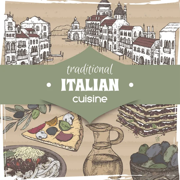 复古模板与威尼斯风景和颜色意大利菜菜. — 图库矢量图片