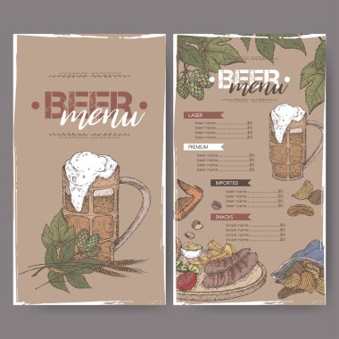 Bira menü renk şablonu ile bira bardağı, hop şube, buğday, cips, kuruyemiş, tavuk kanatları ve plaka snack.