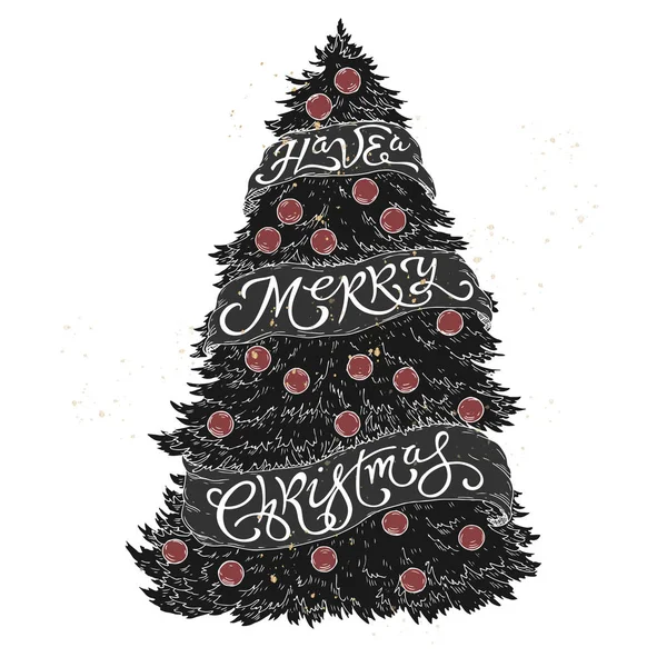 Saludo con letras de pincel colocado en una forma de árbol de Navidad decorado y diciendo Tenga una Feliz Navidad — Vector de stock