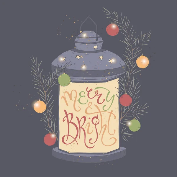 Letras de pincel de Navidad colocadas en una forma de color de una linterna navideña decorada y diciendo Feliz y brillante . — Vector de stock