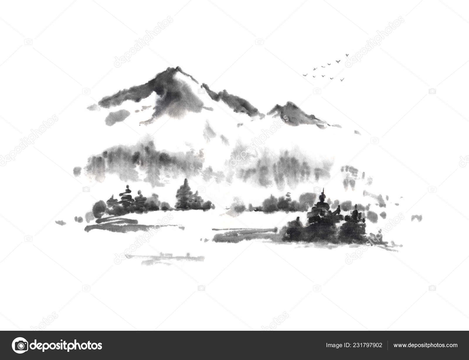 和風山水墨画墨絵秋.— ストックイラストレーション by © msokolyan