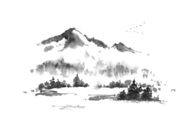 Dağlar mürekkep boyama Japon tarzı sumi-e sonbahar.