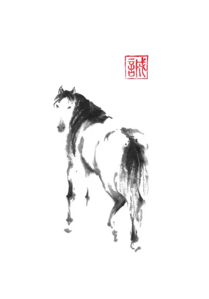 Кінь оглядаючись японському стилі оригінальні фарби суми е живопис. — стокове фото