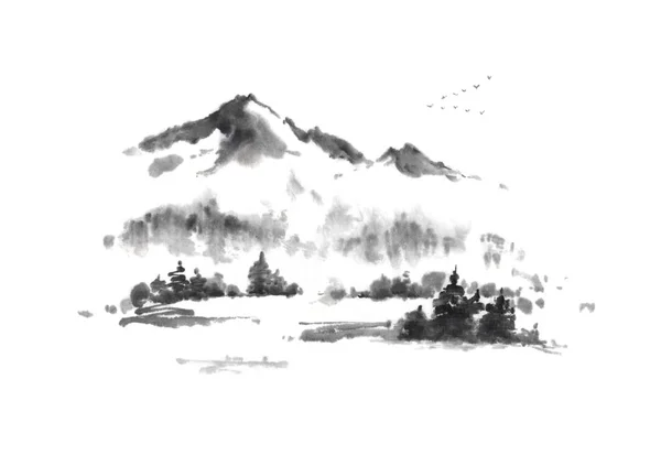 Ιαπωνικό στυλ sumi-e φθινόπωρο στα βουνά ζωγραφική μελάνι. — Φωτογραφία Αρχείου