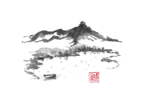 Estilo japonês sumi-e lago e pintura a tinta do castelo . — Fotografia de Stock