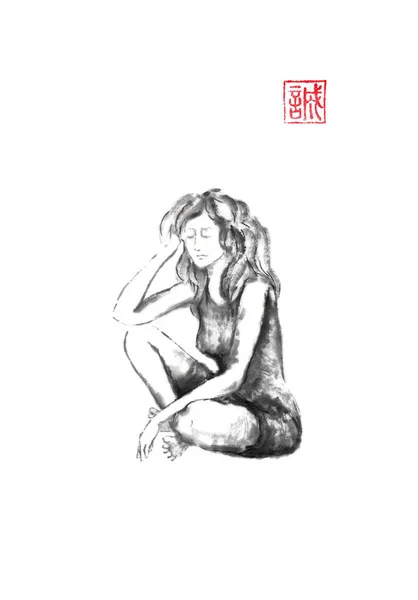 Sentado menina estilo japonês original sumi-e tinta pintura . — Fotografia de Stock