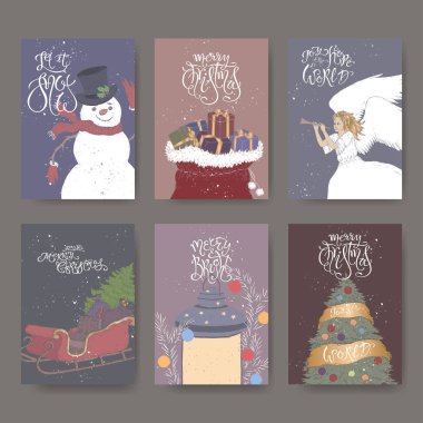 Tebrik, şovmen, melek, kızak, fener, Noel ağacı ve Hediyelik Çanta yazı fırça ile altı renk afiş kümesi.