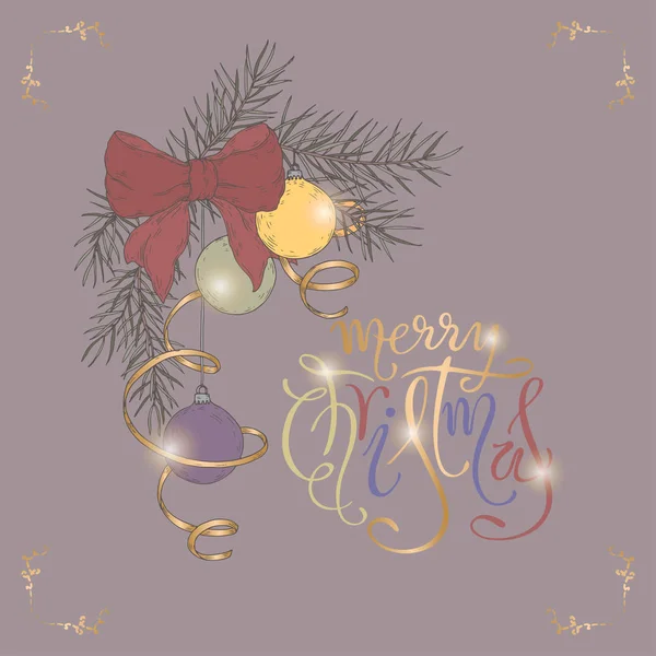 Letras Pincel Navidad Color Rama Pino Dibujado Mano Con Decoraciones — Vector de stock