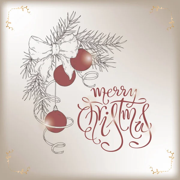 Letras de pincel de Navidad y rama de pino dibujado a mano con decoraciones navideñas . — Vector de stock