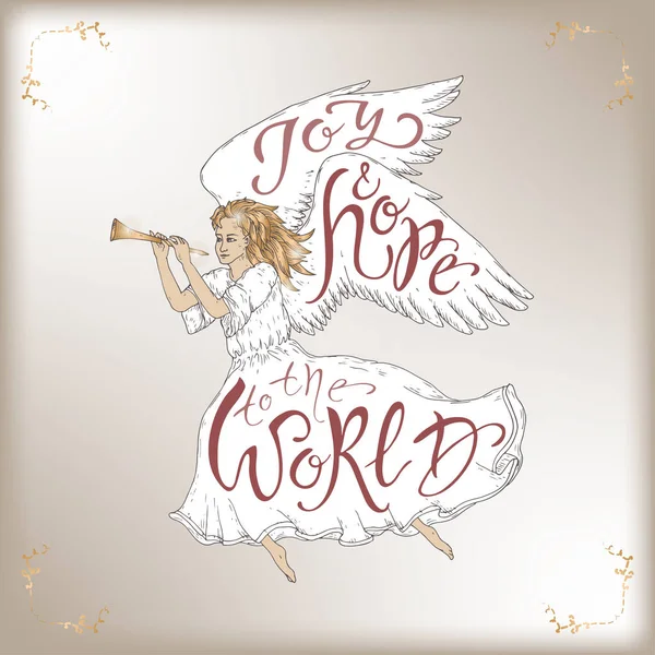 Letras de pincel de Navidad colocadas en una forma blanca de un ángel volador y diciendo Alegría y esperanza al mundo . — Vector de stock