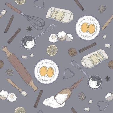 Renk ekmek desenle oklava, çırpıcı, kalıp, yer süzgeci, un, yumurta, tereyağı, limon, baharatlar. Elle çizilmiş kroki.