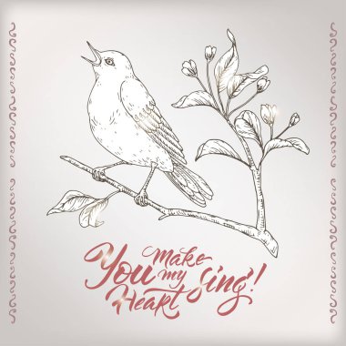 Şarkı şarkı kuş ve benim kalp yapmak aziz yazı fırça ile Valentine romantik kartı.
