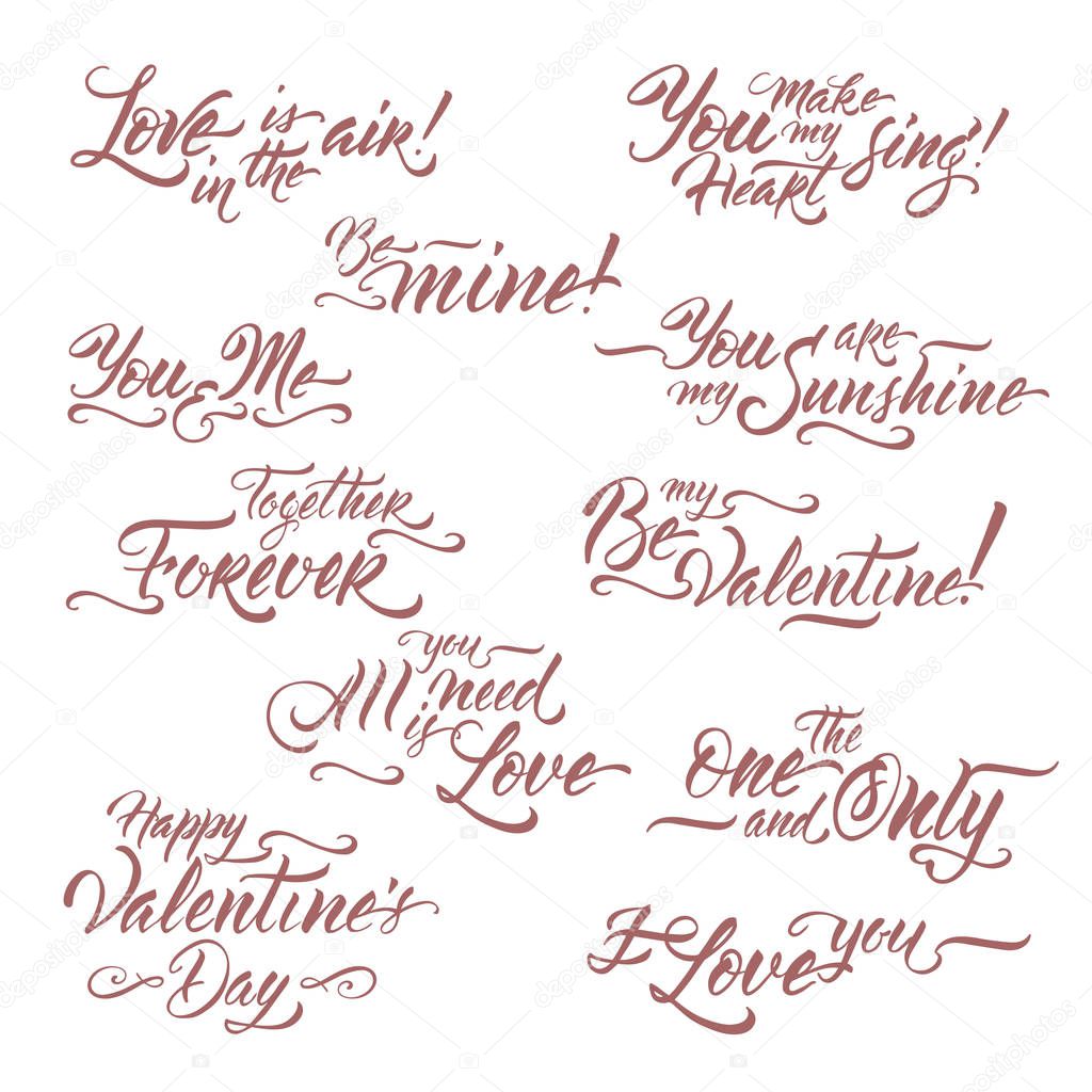 Collection of romantic brush lettering phrases saing Be my Valentine, I love you, All you need is love and other.