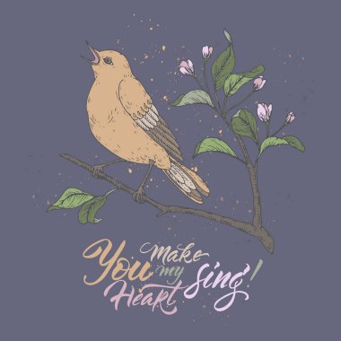 Valentine romantik Renk Kartelası şarkı kuş mavi ve benim kalp yapmak aziz yazı fırça ile şarkı.
