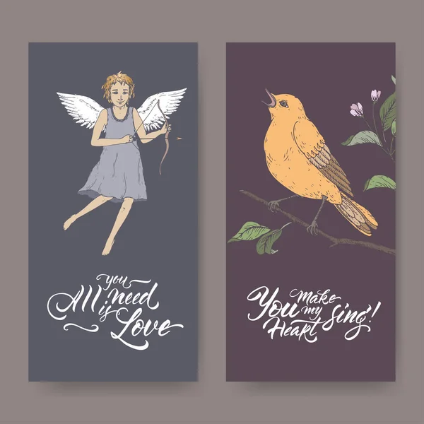 İki Sevgiliye romantik afiş kuş terennüm aşk tanrısı ile renk ve yazı fırça. — Stok Vektör