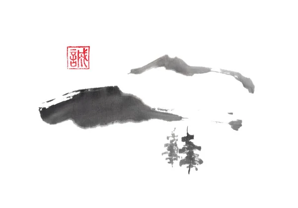 Minimalista paisagem de montanha de inverno, pintura de tinta sumi-e de estilo japonês . — Fotografia de Stock