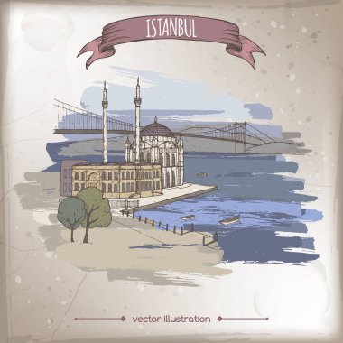 Vintage renk seyahat illüstrasyon Ortaköy Camii ve Boğaziçi, Istanbul, Türkiye üzerinde köprü. Elle çizilmiş kroki.