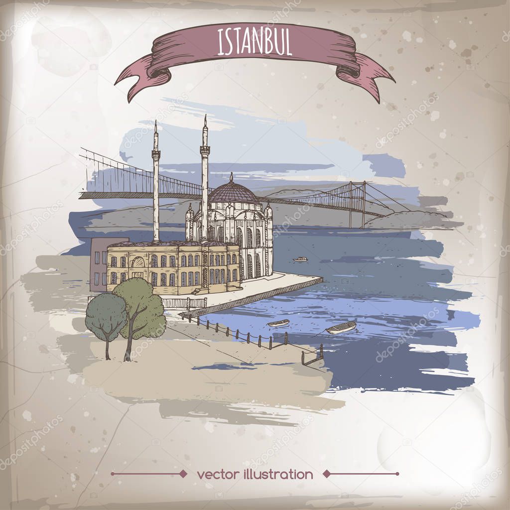 Vintage color travel illustration with Ortakoy Mosque and bridge over Bosphorus in Istanbul, Turkey. Hand drawn sketch.
