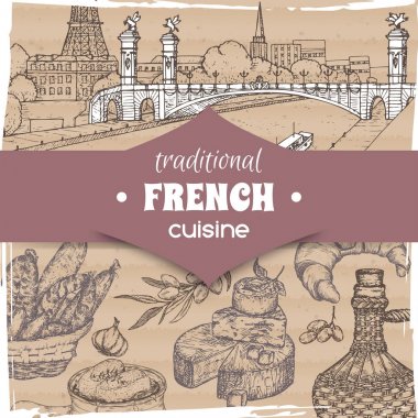 Fransız mutfağı şablonu Paris manzara, şarap şişesi ve peynir, kruvasan ve soğan çorbası, zeytin ve sosis.