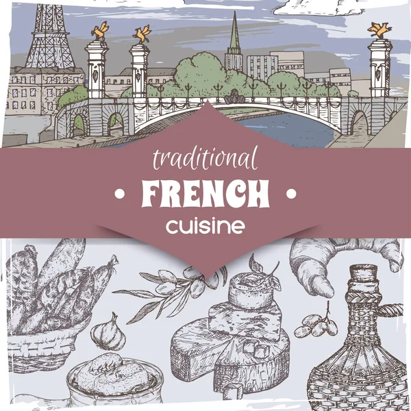 Plantilla de cocina francesa color París paisaje, botella de vino y queso, sopa de croissant y cebolla, aceitunas y salchichas . — Vector de stock