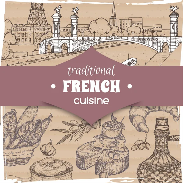 French cuisine template Paesaggio parigino, bottiglia di vino e formaggio, zuppa di croissant e cipolla, olive e salsicce . — Vettoriale Stock