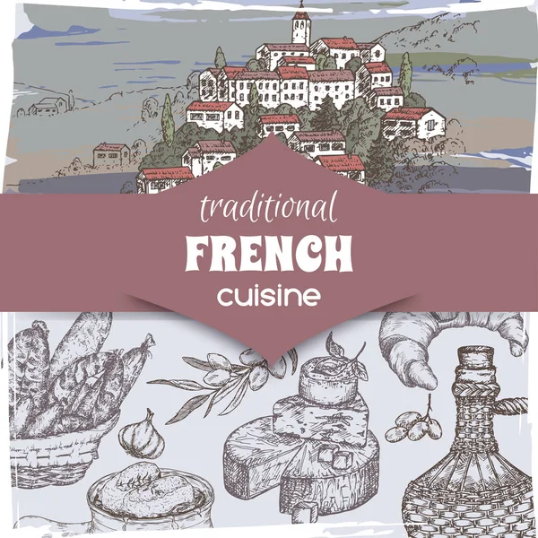 Plantilla de cocina francesa con color Paisaje de Provenza, botella de vino, queso, sopa de croissant y cebolla, aceitunas, salchichas . — Vector de stock