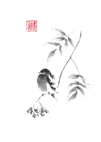 Bullfinch pássaro sentado em um ramo de árvore rowan estilo japonês original sumi-e tinta pintura . — Fotografia de Stock