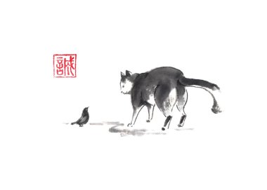 Kedi ve kuş Japon tarzı orijinal sumi-e mürekkep boyama.
