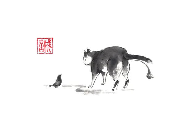 Katze und Vogel japanischen Stil original Sumi-e Tuschemalerei. — Stockfoto