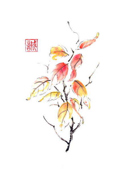 Branch with colorful autumn leaves Japanese style original sumi-e ink painting.