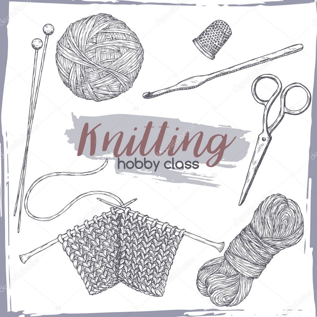 Vintage knitting tools hand drawn sketch. Hobby class series.