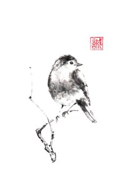 Küçük kuş bir ağaç Japon tarzı orijinal sumi-e mürekkep boyama bir dalı üzerinde oturan.