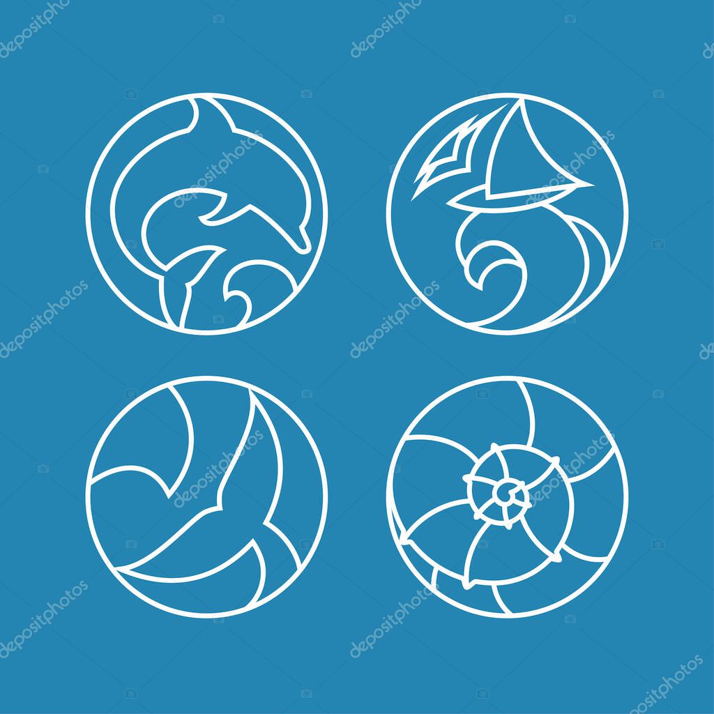 Set of logo badges with ocean wave, dolphin, whale tail, sailboat and seashell in a circular shape. Great for logos, prints, icon design.