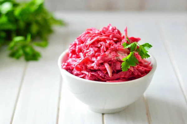 Salad Grated Beets White Background Sprig Parsley — Stock Photo, Image