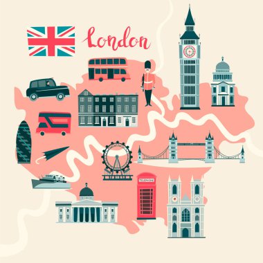 Londra resimli harita vektör. Soyut atlas poster. Soyut Haritası resimli: Londra, İngiltere