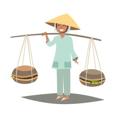 Vietnamca meyve satıcı bir geleneksel şapka vektör çizim içinde. Asyalı kadın ile iki sepet, beyaz arka plan üzerinde izole. Geleneksel Vietnam kültürel simgeleri