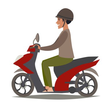Scooter vektör çizim üzerinde mutlu Asya adam. İnsanlar sürücü motosiklet. Geleneksel Vietnam taşıma, karikatür tarzı. Beyaz arka plan üzerinde izole scooter cartoon düz tasarım
