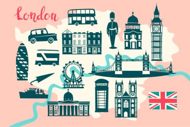 Londra resimli harita vektör. Manzarası siluet illüstrasyon, pembe ve gri renk. Soyut renkli atlas poster. Soyut Haritası resimli: Londra, İngiltere