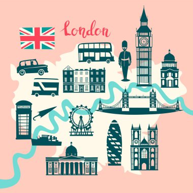 Londra resimli harita vektör. Manzarası siluet illüstrasyon, pembe ve gri renk. Soyut renkli atlas poster. Soyut Haritası resimli: Londra, İngiltere