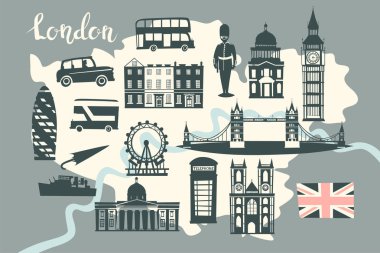 Londra resimli harita vektör. Manzarası siluet illüstrasyon, gri renk. Soyut renkli atlas poster. Soyut Haritası resimli: Londra, İngiltere
